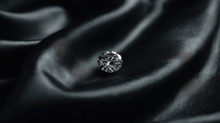 A stunning round cut diamond gleams against a matte black satin background. Perfect for capturing luxury, elegance, and beauty in various visual art and advertising projects.の素材