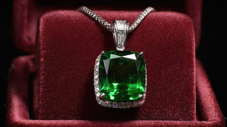 Discover a stunning green jewel pendant with a silver chain, exquisitely crafted and displayed on plush red velvet, perfect for adding elegance to any outfit.の素材
