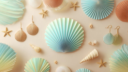 Explore a stunning arrangement of pastel-colored seashell decorations and paper fans, perfect for adding a warm, beachy vibe to any coastal-themed event or celebration.の素材