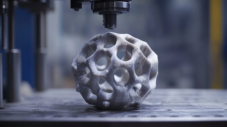 A detailed view of a 3D printed object on a workbench captures the complexity of modern manufacturing. This image emphasizes the synthesis of technology and design in fabrication.の素材