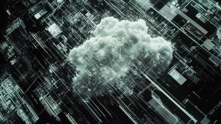 This image captures an abstract digital cloud surrounded by intricate data streams and technology elements, evoking a sense of modernity and innovation.の素材