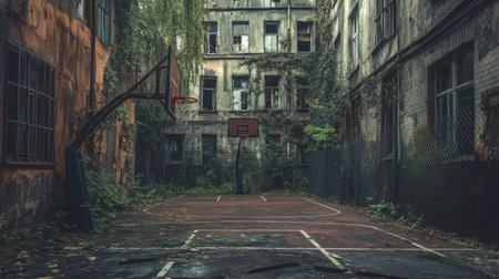 Explore the eerie beauty of an abandoned basketball court, enveloped by nature's reclaiming hands and crumbling structures that tell silent stories of the past.の素材
