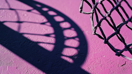 This image captures the intricate shadows of a basketball hoop on a vivid purple backdrop, emphasizing textures and shapes in a modern urban setting. Perfect for creative projects.の素材