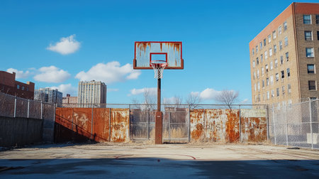 An abandoned basketball court in a forgotten urban landscape, featuring rusted walls and a serene blue sky filled with fluffy clouds, evokes nostalgia and solitude.の素材