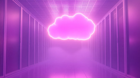 A stunning visualization of a digital cloud suspended over server racks, illuminated in neon purple light, symbolizing modern data storage and technology advancements.の素材