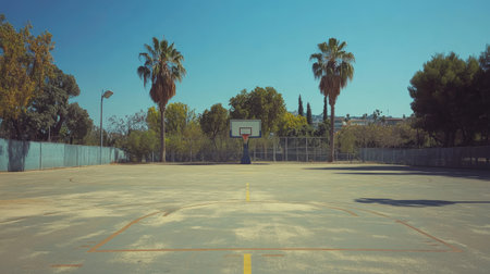An empty basketball court set in a serene outdoor environment, featuring palm trees and a clear blue sky, perfect for showcasing leisure and recreational activities.の素材