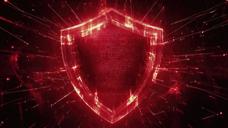 An eye-catching red shield representing digital protection showcases a futuristic design with dynamic data lines, symbolizing cybersecurity and defense in the technology world.の素材