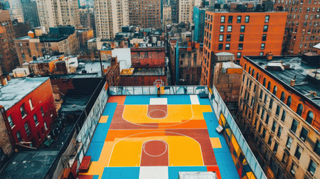 An aerial view captures a colorful rooftop basketball court in a bustling urban area, highlighting the vibrant design amidst towering buildings and intricate city life.の素材