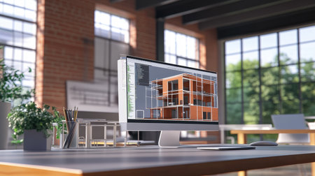 A bright and inviting modern workspace featuring a computer that displays a detailed architectural design, emphasizing creativity, technology, and organization.の素材
