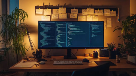 A modern workspace featuring a large monitor displaying intricate code in a cozy, dimly lit environment. Plants and sticky notes add a personal touch to this creative office.の素材