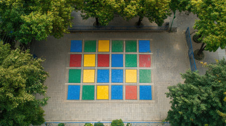 A vibrant playground showcase colorful square tiles arranged in a geometric pattern, surrounded by lush green trees, inviting outdoor fun and creativity for children.の素材
