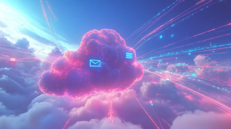 A captivating digital illustration of a cloud emitting data streams and email icons above vibrant clouds, symbolizing modern technology and communication.の素材