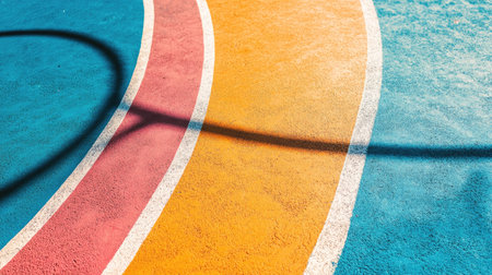 Stunning view of colorful track lines under bright sunlight, showcasing vibrant colors and shadows on a clean surface, perfect for sports and fitness themes.の素材