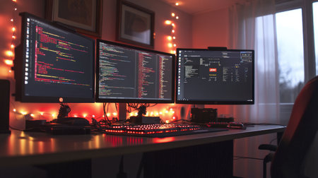 A stylish and warm home office scene featuring dual monitors with coding screens. The cozy lighting creates an inviting workspace for remote work and productivity.の素材
