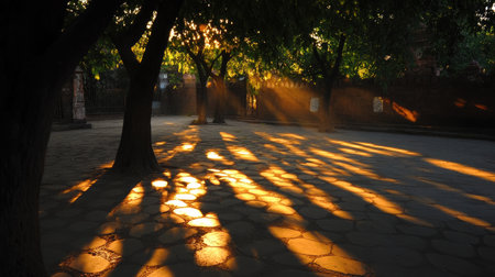 A picturesque outdoor scene capturing sunlight filtering through lush trees, casting intricate shadows on a cobblestone path during a serene sunrise.の素材