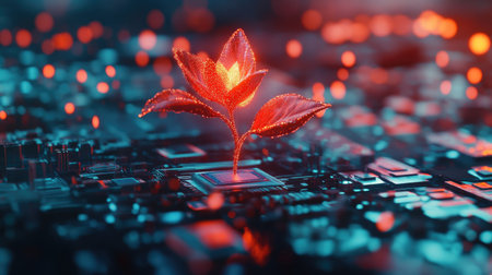 A stunning representation of a flower emerging from a microchip, symbolizing the harmonious integration of nature and technology in a vibrant, digital world.の素材
