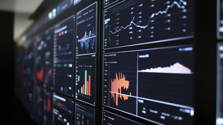 This image showcases an advanced data visualization setup featuring multiple screens displaying various financial graphs and charts. Perfect for business, finance, and technology themes.の素材