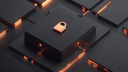 This image showcases a sleek metallic padlock set against a dark background, surrounded by glowing circuit patterns, representing modern cybersecurity and digital protection themes.の素材