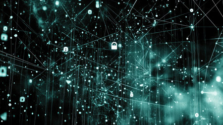 This abstract digital artwork showcases a network of connections and encryption symbols against a dark background, representing modern technology and data security concepts.の素材