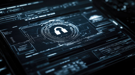 Futuristic digital security interface showcases a locked padlock symbol against a backdrop of intricate data streams, emphasizing the importance of cybersecurity.の素材