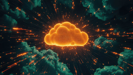 A visually striking digital image of an illuminated cloud amidst colorful explosions, evoking feelings of energy and creativity in an abstract representation of weather.の素材