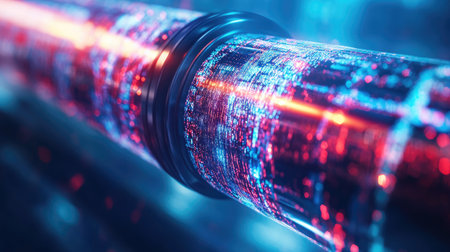 This captivating image showcases a futuristic digital pipeline illuminated by vibrant red and blue data streams, creating a stunning representation of technology and innovation.の素材