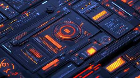 This abstract digital design features glowing orange lines and shapes set against a dark background, perfect for technology and futuristic themes.の素材