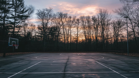 A tranquil basketball court at dusk, framed by silhouetted trees and a vibrant sunset. Ideal for nature lovers or sports enthusiasts seeking serene outdoor imagery.の素材