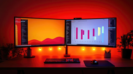 A modern workspace featuring a dual monitor setup with colorful graphs, warm ambient lighting, and productivity tools, perfect for remote work or office aesthetics.の素材