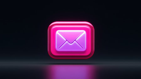 A vibrant pink email icon featuring glossy surfaces and glowing edges, set against a dark background, perfect for concepts related to digital communication and design.の素材