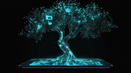 A stunning digital representation of a tree emerging from a smartphone, symbolizing the fusion of nature and technology with vibrant glowing elements.の素材