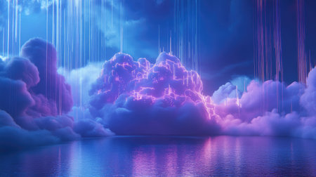 A mesmerizing scene of vibrant clouds illuminated by lightning strikes over a calm ocean at twilight, showcasing nature's raw beauty and dramatic atmosphere in a surreal landscape.の素材