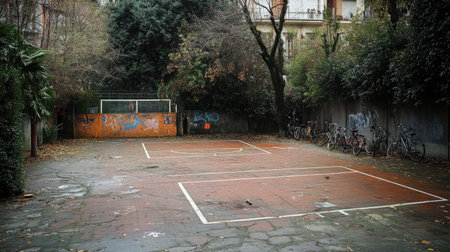 This image captures an abandoned sports court in an urban setting, showcasing a blend of nature and graffiti during the tranquil autumn season. The empty space evokes solitude.の素材