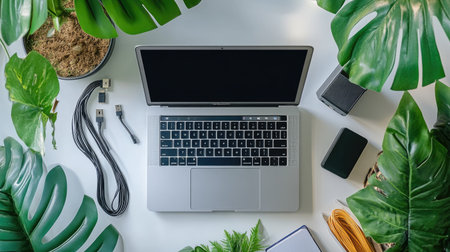 A sleek laptop positioned among vibrant green foliage and modern office supplies, creating an inspiring and stylish workspace for creative professionals.の素材