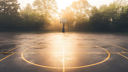 A tranquil basketball court bathed in the soft glow of morning light. The fog creates a mesmerizing atmosphere, perfect for reflection and sports activities.の素材