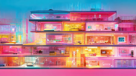 A stunning visualization of a futuristic house design with vibrant colors and smart technology elements. The multi-level layout combines modern interiors and innovative features.の素材