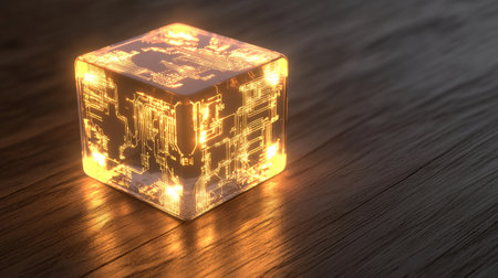 This abstract image features a glowing cube with intricate circuit patterns, set on a wooden surface. It combines technology and artistic creativity, creating a captivating visual effect.の素材
