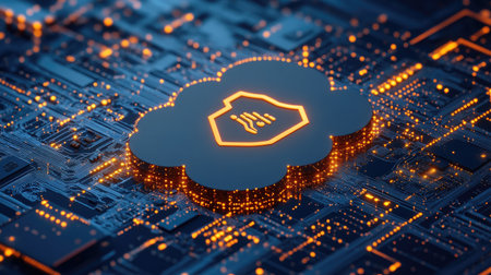 Illustration of a cloud computing concept featuring a shield symbol, capturing themes of data security and advanced technology set against a vibrant digital circuit backdrop.の素材