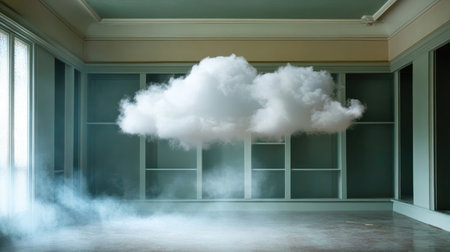 A unique image features a floating cloud in an empty room, surrounded by mist and soft light. The scene evokes a surreal and dreamy atmosphere, perfect for creative projects.の素材