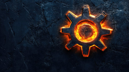 A striking gear symbol emerges with fiery effects against a dark stone backdrop, capturing the essence of energy, strength, and industrial innovation.の素材