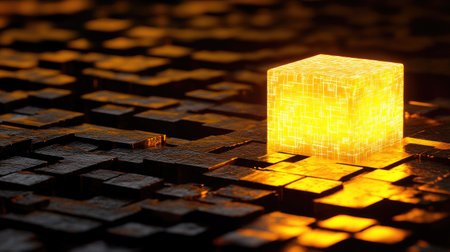 A glowing cube stands out against a dark textured surface, creating a visually striking contrast that evokes feelings of mystery and technological advancement.の素材