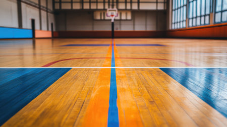 This image showcases a vibrant wooden basketball court with clear markings and hoops, capturing the essence of sports and athleticism in a gym environment.の素材