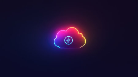 A vibrant neon cloud symbol featuring a sound wave design set against a dark background, ideal for technology and digital media concepts.の素材