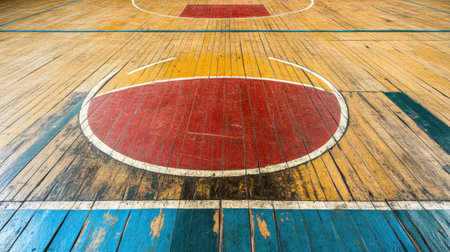 Explore a nostalgic basketball court featuring unique wooden flooring with vibrant red and yellow markings, capturing the essence of vintage sports spaces.の素材