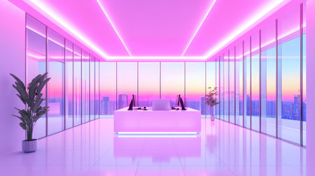 Discover a modern office interior featuring bright neon lighting and a stunning city skyline view at sunset. A stylish and tranquil workspace for creativity.の素材
