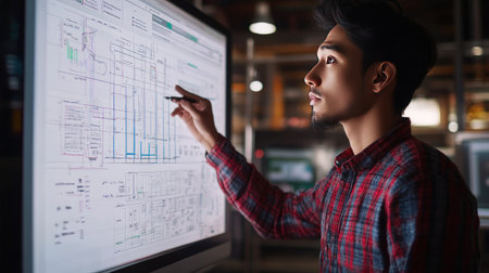 A focused young professional examines detailed blueprints displayed on a digital screen, showcasing modern technology in an innovative workspace.の素材