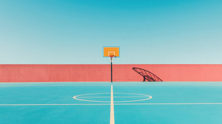 A serene basketball court features a bright blue surface and an orange hoop against a clear sky, creating a lively atmosphere for sports and recreation activities.の素材