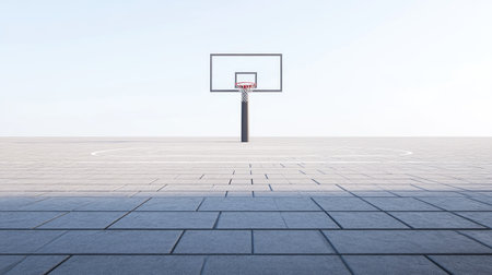 A minimalist basketball hoop stands alone on a court, surrounded by a clear sky and open space, representing solitude, potential, and the spirit of athleticism.の素材