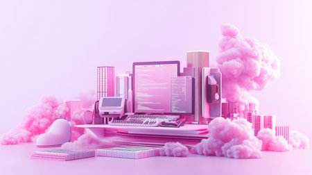 A vibrant digital workspace set against soft pink clouds, featuring modern technology elements, creating a creative and inspiring atmosphere for innovation and design.の素材