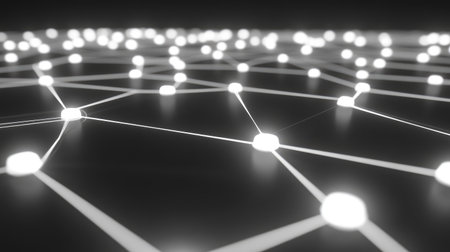 This image showcases an abstract digital network with interconnected nodes and glowing points of light, representing technology, data visualization, and modern concepts.の素材